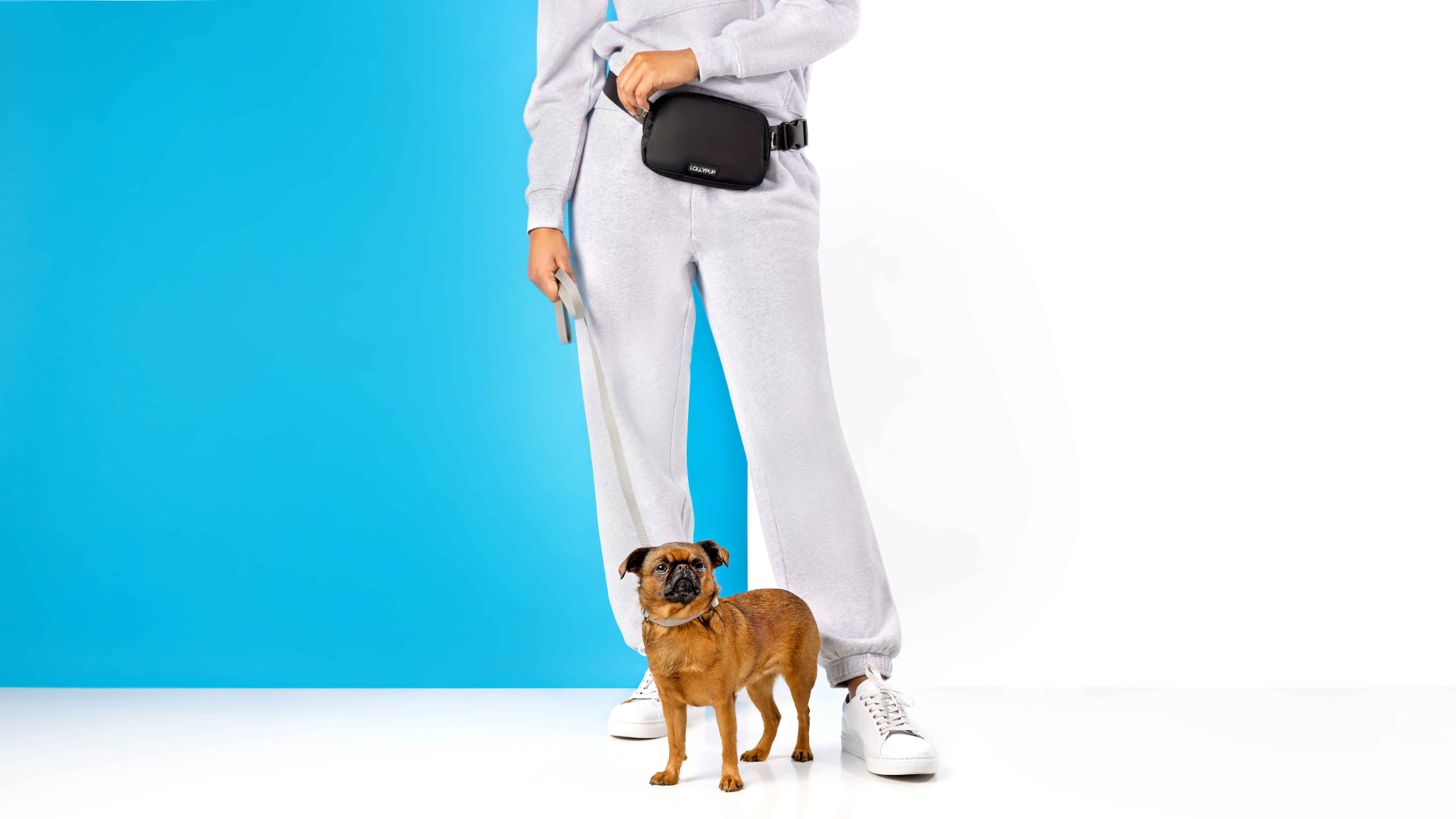 woman wearing a LollyPup dog walking bag across her waist and holding a dog on a leash